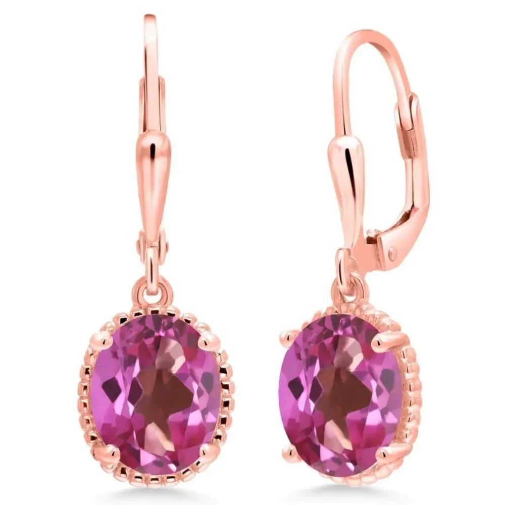18K Rose Gold 925 with 4.40 Cttw Pink Mystic Topaz Oval Leverback Hook Earrings